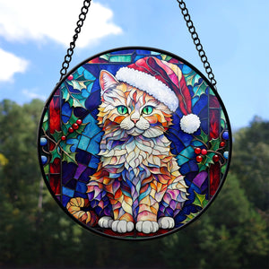 Christmas Cat Stained Glass Suncatcher | Unique Holiday Gift for Cat Lovers | Selkirk Rex Cat