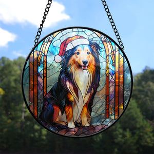 Christmas Dog Stained Glass Suncatcher | Unique Holiday Gift for Dog Lovers | Shetland Sheepdog