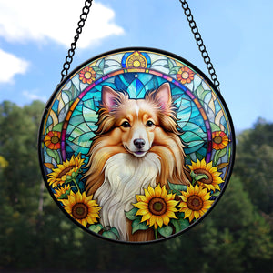 Shetland Sheepdog Stained Glass Suncatcher, Shetland Sheepdog Sunflower Suncatcher for Windows Stained Glass