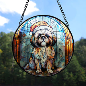 Christmas Dog Stained Glass Suncatcher | Unique Holiday Gift for Dog Lovers | Shih Tzu