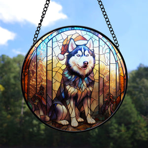 Christmas Dog Stained Glass Suncatcher | Unique Holiday Gift for Dog Lovers | Siberian Husky