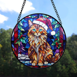 Christmas Cat Stained Glass Suncatcher | Unique Holiday Gift for Cat Lovers | Somali Cat