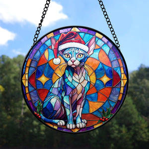 Christmas Cat Stained Glass Suncatcher | Unique Holiday Gift for Cat Lovers | Sphynx Cat