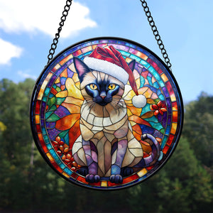 Christmas Cat Stained Glass Suncatcher | Unique Holiday Gift for Cat Lovers | TonkinesecCat