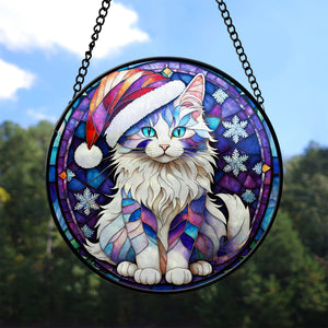 Christmas Cat Stained Glass Suncatcher | Unique Holiday Gift for Cat Lovers | Turkish Angora Cat