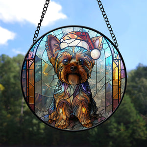 Christmas Dog Stained Glass Suncatcher | Unique Holiday Gift for Dog Lovers | Yorkshire Terrier