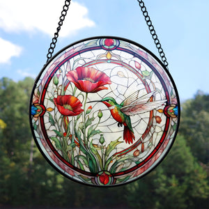 Red poppy hummingbird Stained Glass Suncatcher, hummingbird Suncatcher for Windows Stained Glass