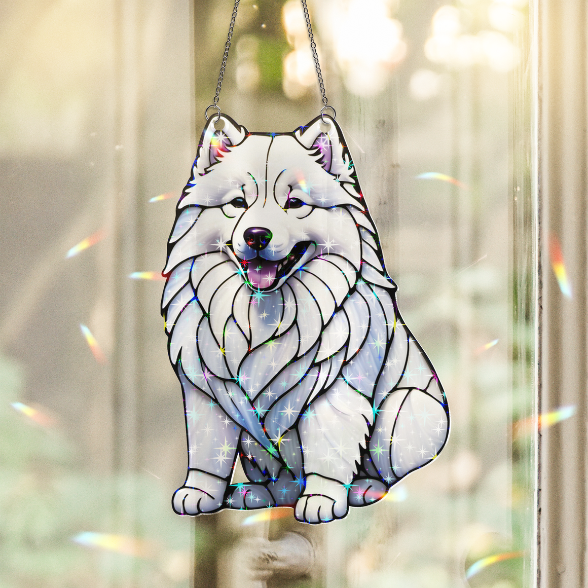 Samoyed Stained Glass Hologram Ornament, Dog Stained Glass Suncatcher Ornaments Home Decor