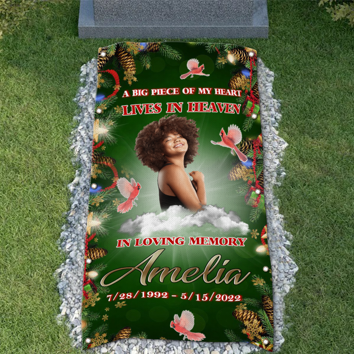 Custom Memorial Grave Blanket on Christmas, in loving memory grave blanket christmas : a big piece of my heart lives in heaven