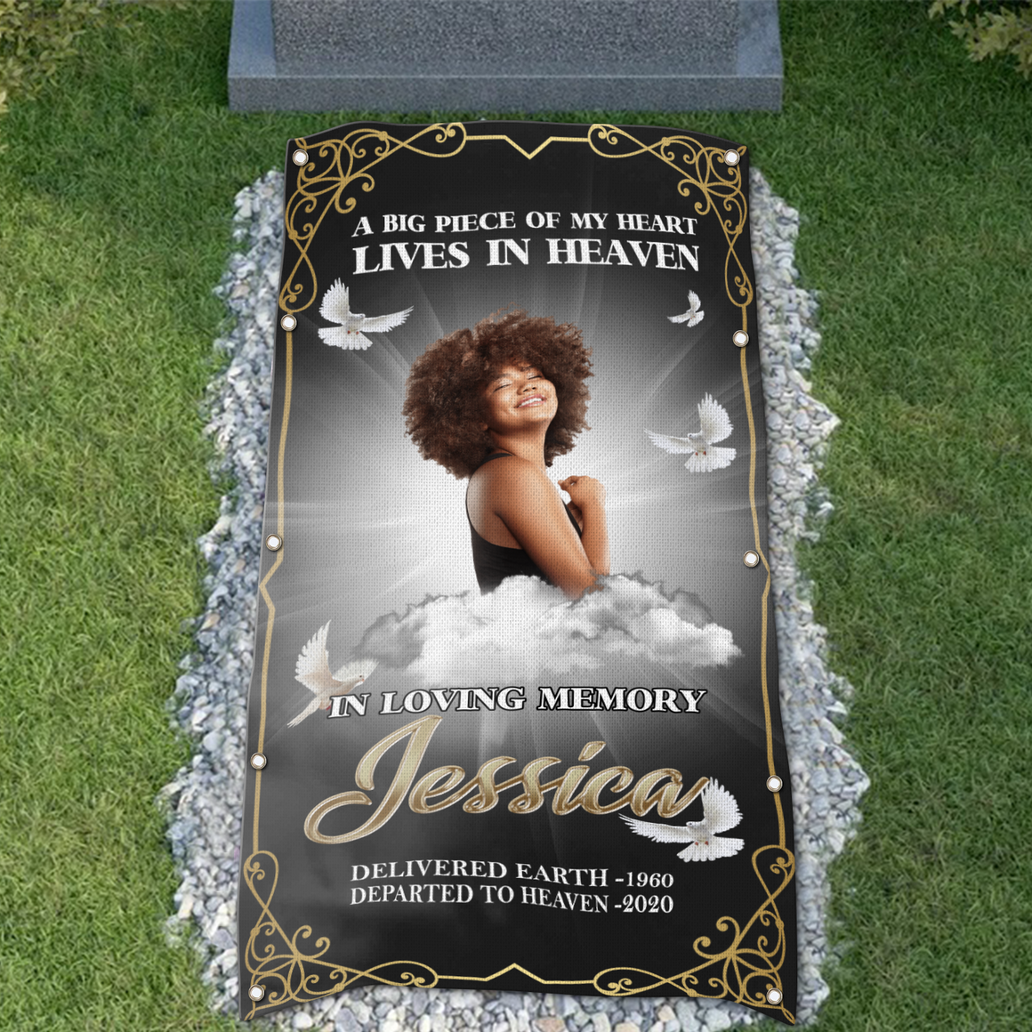 Custom Memorial Grave Blanket Outdoor :  a big piece of my heart lives in heaven, in loving memory