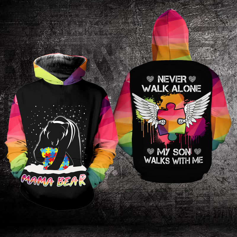 Autism Awareness Hoodie Full Print : Mama Bear Never Walk Alone