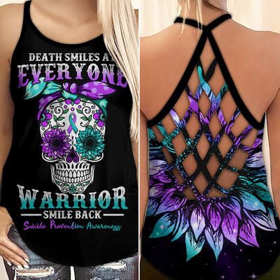 Suicide Awareness Criss Cross Tank Top Summer: Death smiles at everyone warrior smile back 3108
