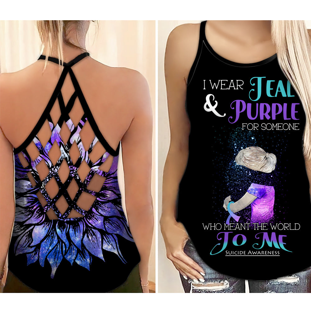 Suicide Awareness Criss Cross Tank Top Summer:  I Wear Teal Purple For Someone