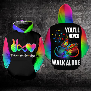 Autism Awareness Hoodie Full Print : Peace Autism Love You Never Walk Alone