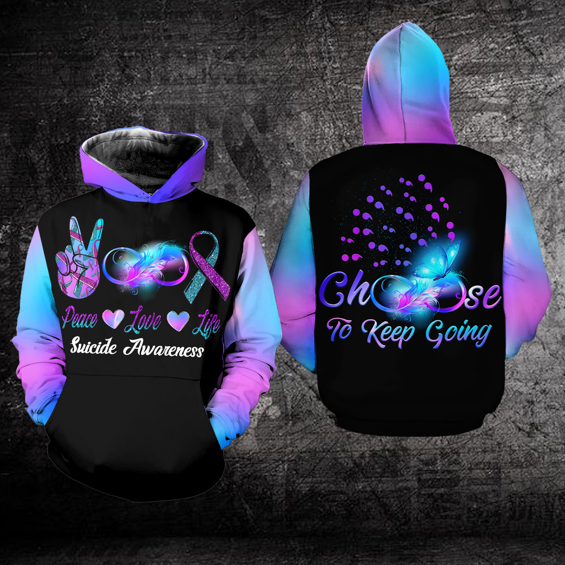 Suicide Prevention Awareness Hoodie Full Print : Peace Love Life Choose To Keep Going