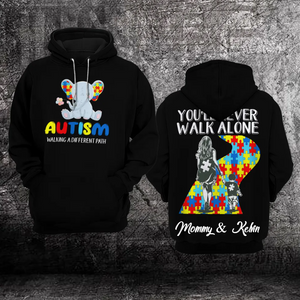 Custom Name Mom And Son Autism Awareness Hoodie Fullprint : Walking A Different Path