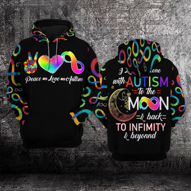 Autism Awareness Hoodie 3D : Peace, Love, Autism