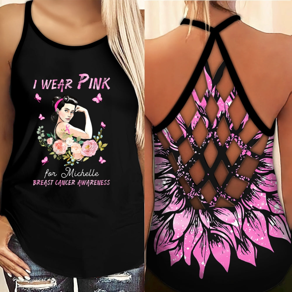 Personalized Name Breast Cancer Warrior Criss Cross Tank Top : I Wear Pink for Name