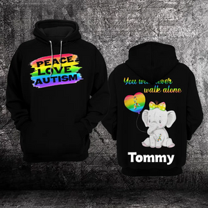 Custom Elephant Autism Awareness Hoodie Fullprint : Peace Love Autism – You Will Never Walk Alone