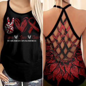 Brain Aneurysm Awareness Criss Cross Tank Top Summer:  Peace Love Cure