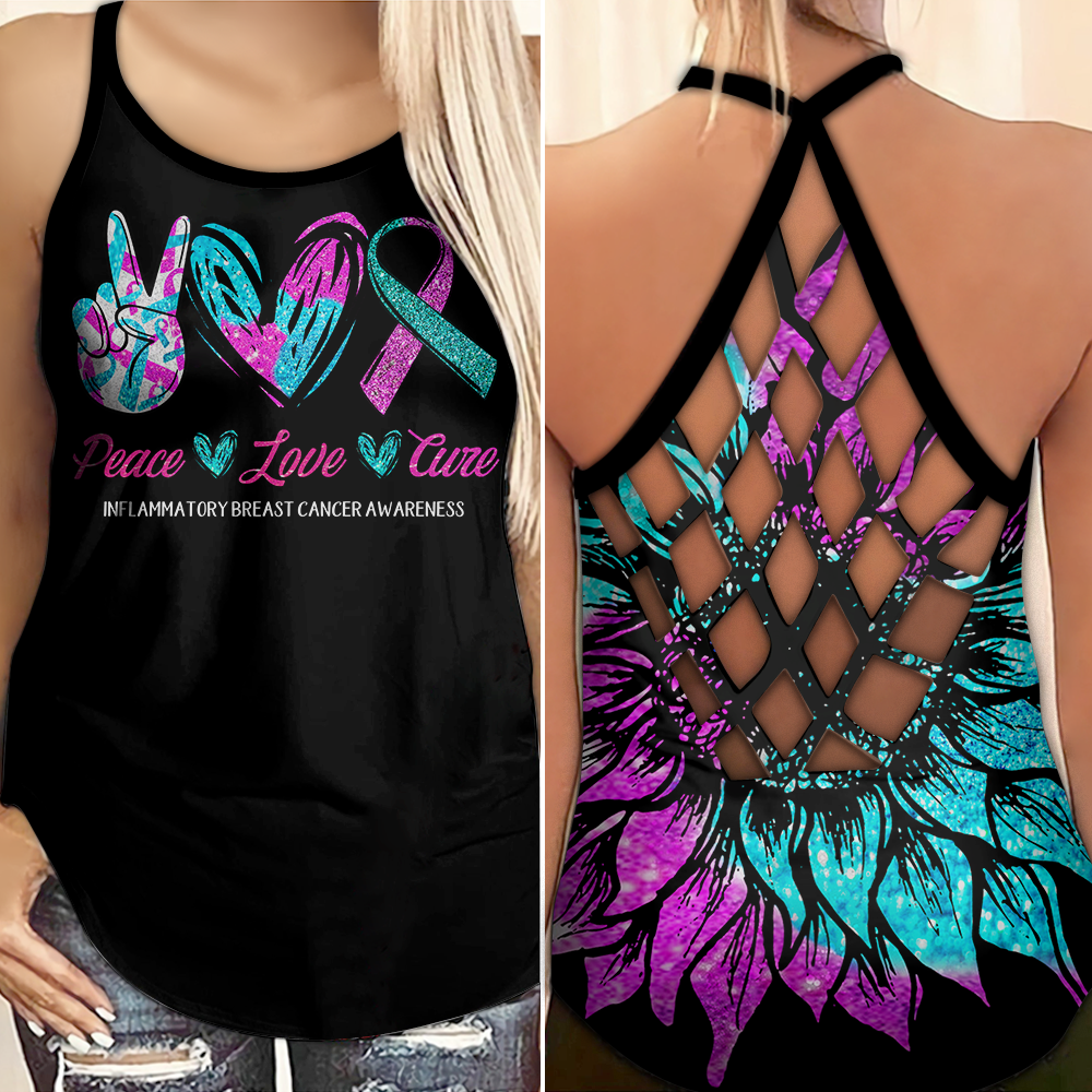 Inflammatory Breast Cancer Awareness Criss Cross Tank Top Summer:  Peace Love Cure