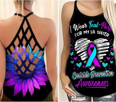 Suicide Awareness Criss Cross Tank Top Summer:  I Wear Teal Purple For My Lil Sister