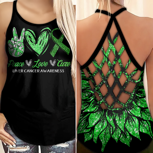 Liver Cancer Awareness Criss Cross Tank Top Summer:  Peace Love Cure