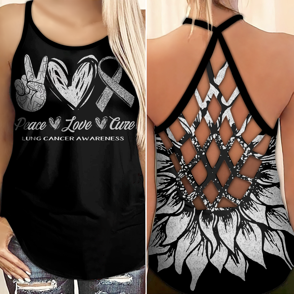 Lung Cancer Awareness Criss Cross Tank Top Summer:  Peace Love Cure