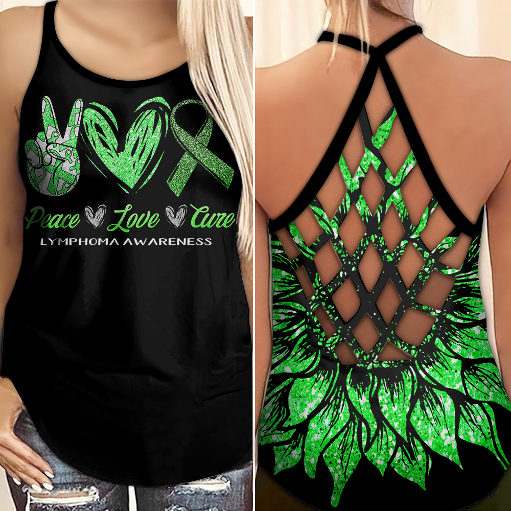 Lymphoma Awareness Criss Cross Tank Top Summer:  Peace Love Cure