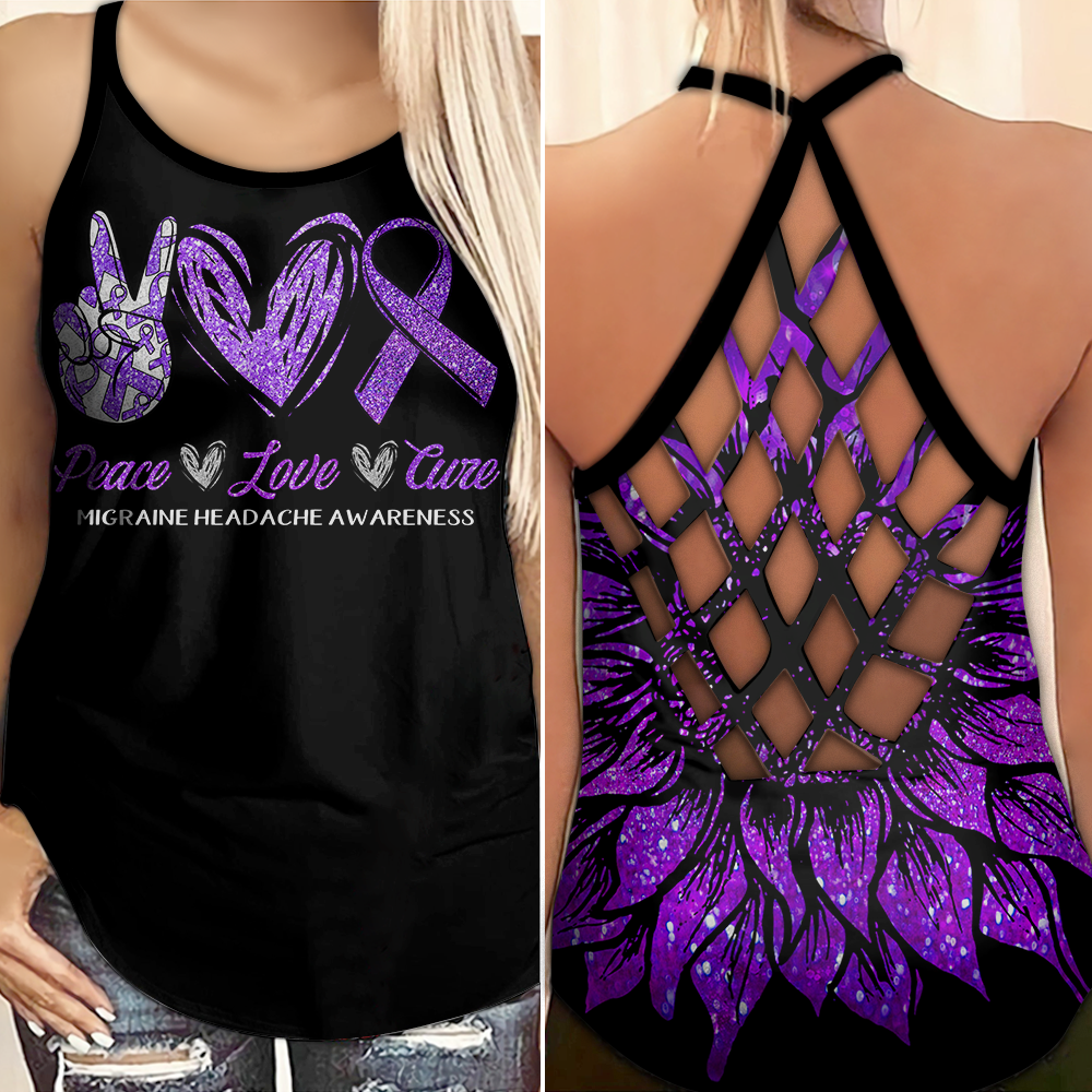 Migraine Headache Awareness Criss Cross Tank Top Summer:  Peace Love Cure