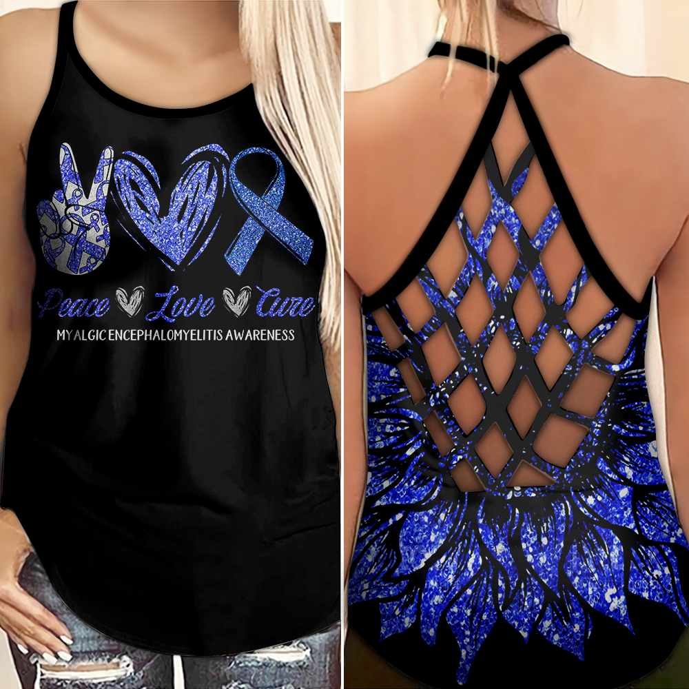 Myalgic Encephalomyelitis Awareness Criss Cross Tank Top Summer:  Peace Love Cure