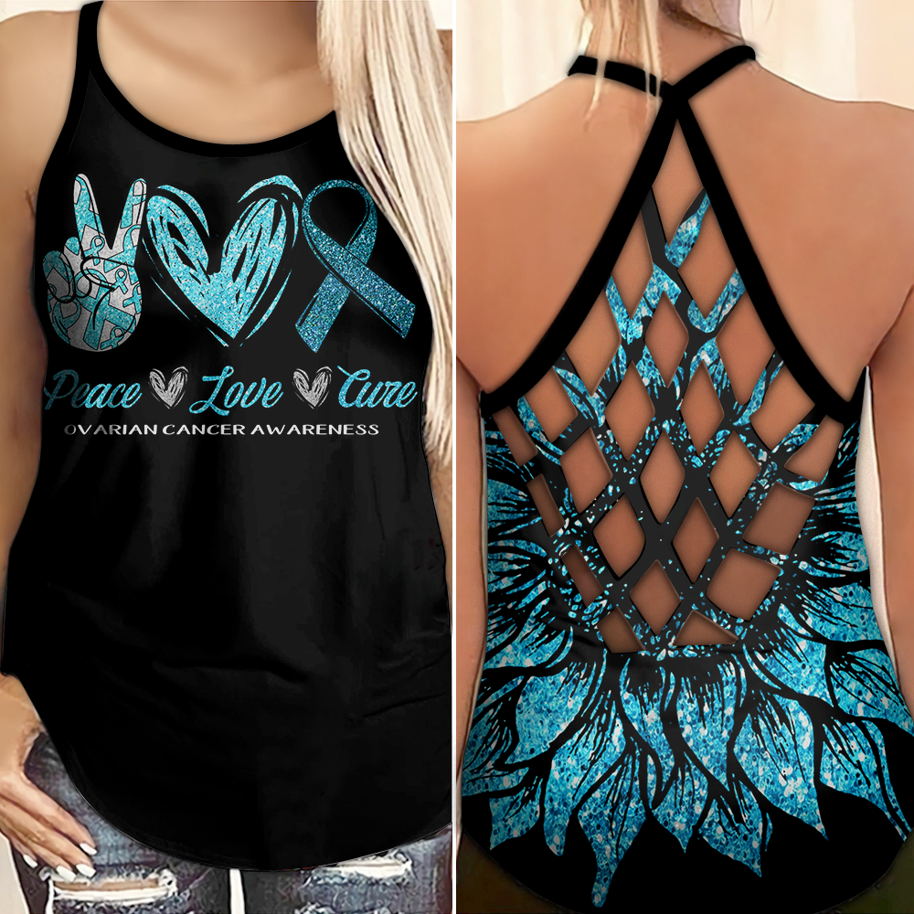 Ovarian Cancer Awareness Criss Cross Tank Top Summer:  Peace Love Cure