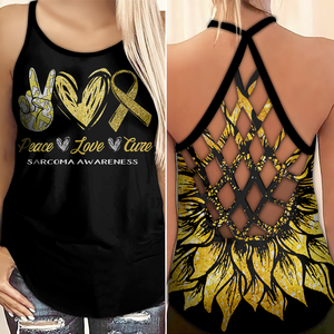 Sarcoma Awareness Criss Cross Tank Top Summer:  Peace Love Cure