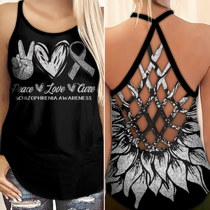 Schizophrenia Awareness Criss Cross Tank Top Summer:  Peace Love Cure