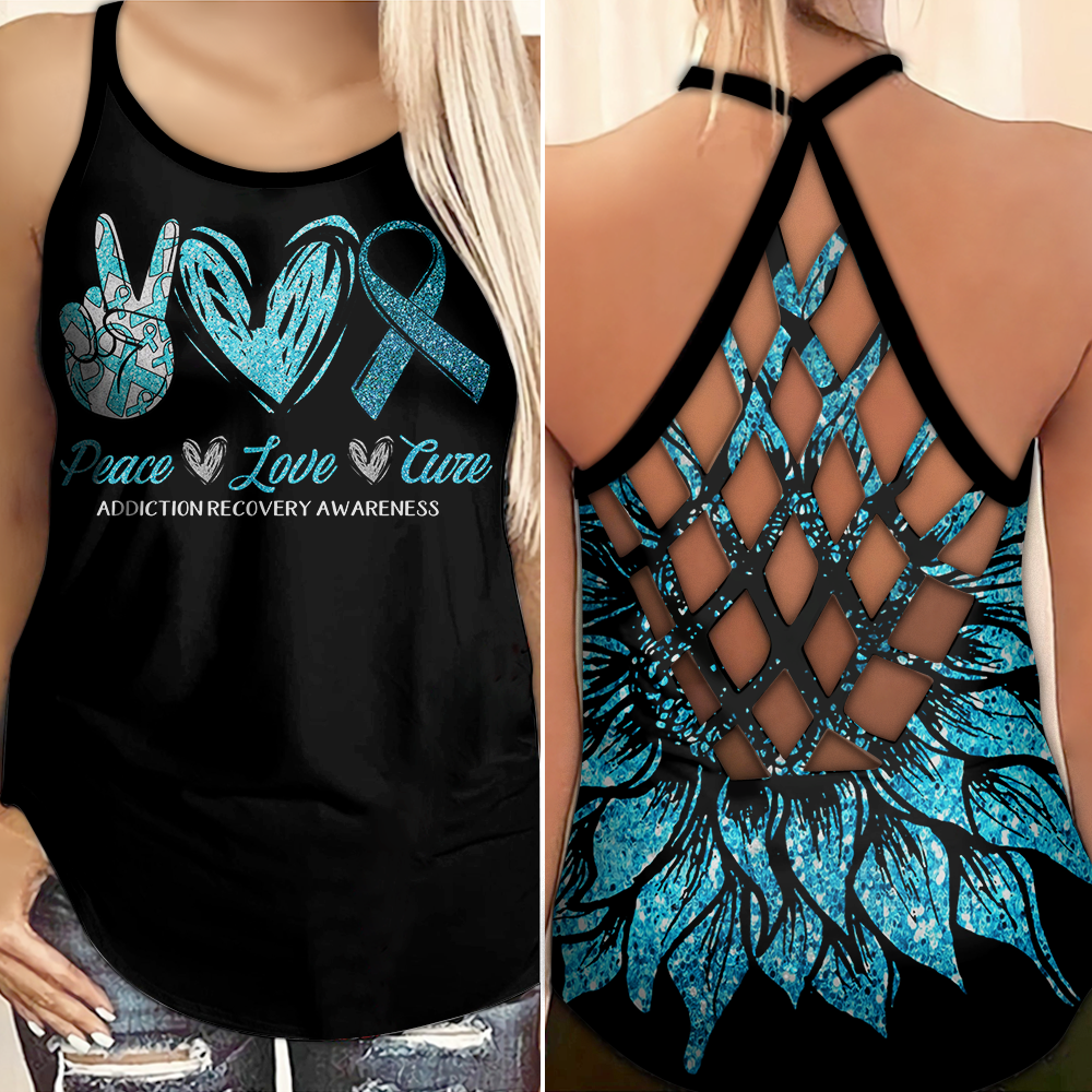 Addiction Recovery Awareness Criss Cross Tank Top Summer:  Peace Love Cure