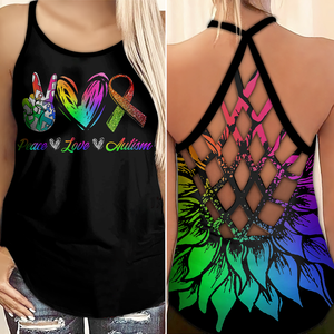 Autism Awareness Criss Cross Tank Top Summer:  Peace Love Cure