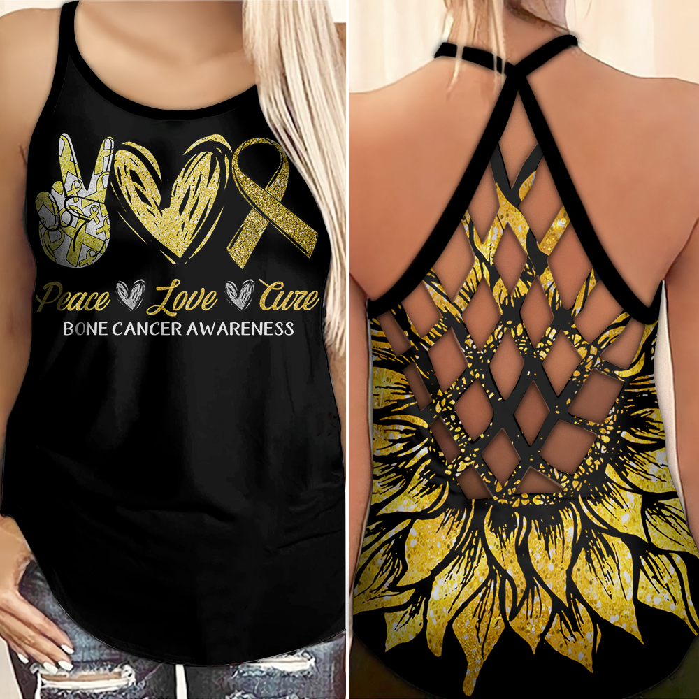 Bone Cancer Awareness Criss Cross Tank Top Summer:  Peace Love Cure