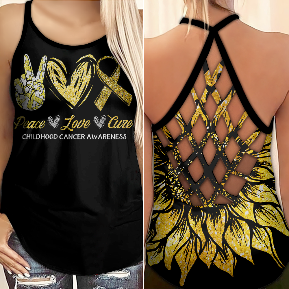 Childhood Cancer Awareness Criss Cross Tank Top Summer:  Peace Love Cure