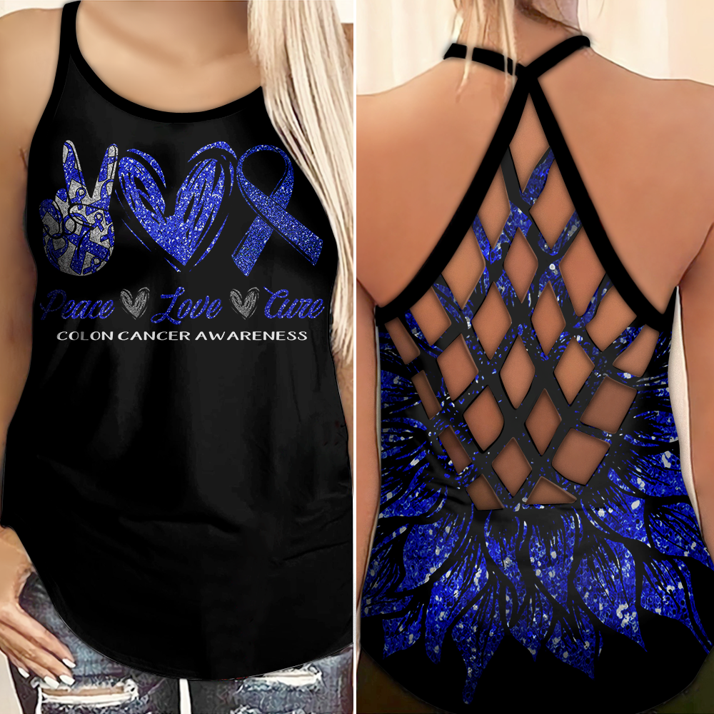 Colon Cancer Awareness Criss Cross Tank Top Summer:  Peace Love Cure