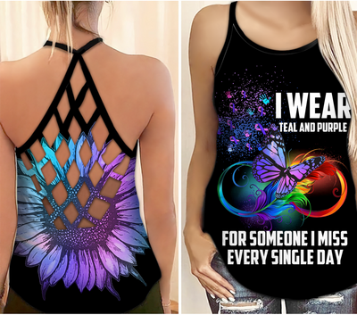 Suicide Awareness Criss Cross Tank Top Full Print : I Wear Teal Purple For Someone