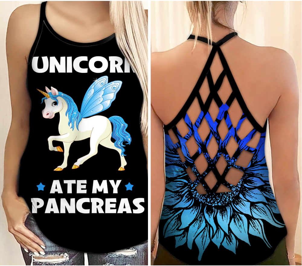 Diabetes Awareness Criss Cross Tank Top Summer: Unicorn Ate My Pancreas