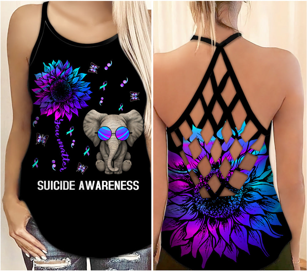 Elephent Sunflower Suicide Awareness Criss Cross Tank Top Summer:  You Matter