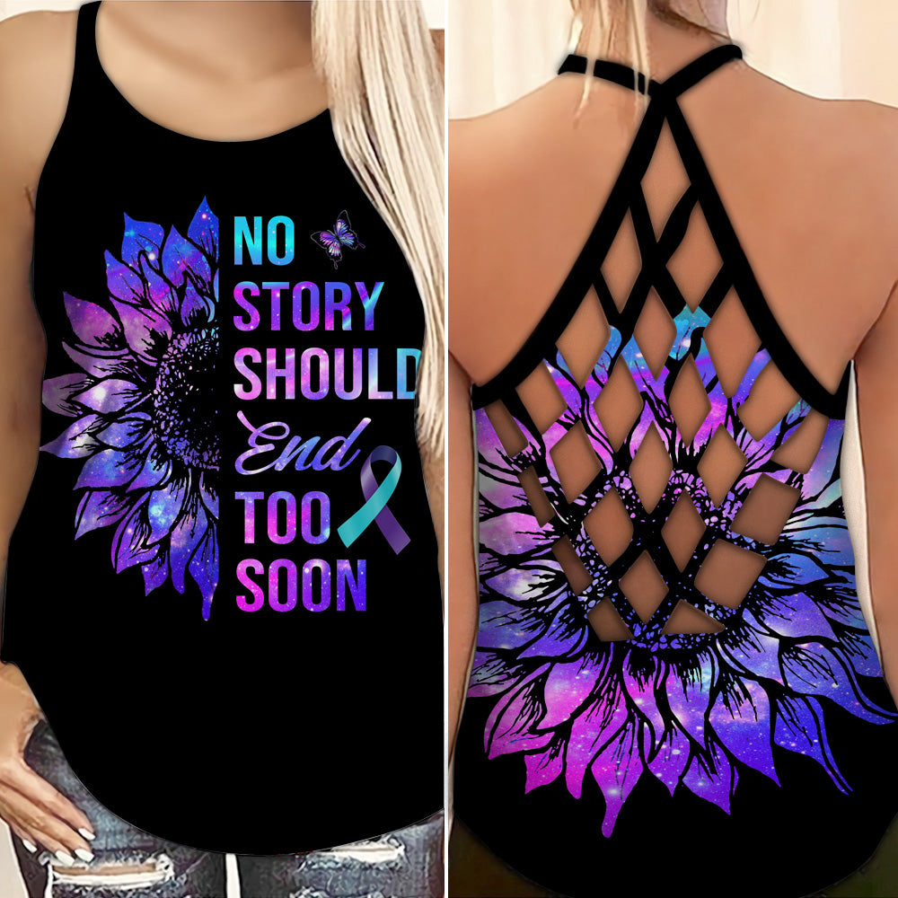 Sunflower Suicide Awareness Criss Cross Tank Top Summer:  No Story Should End Too Soon