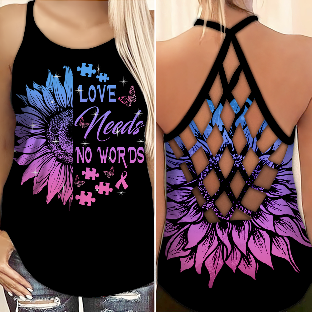 Autism Awareness Criss Cross Tank Top : Love Needs No Words