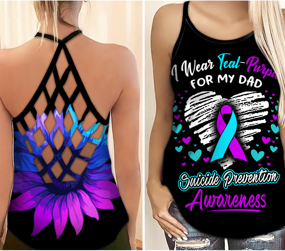 Suicide Awareness Criss Cross Tank Top Summer:  I Wear Teal Purple For My Dad