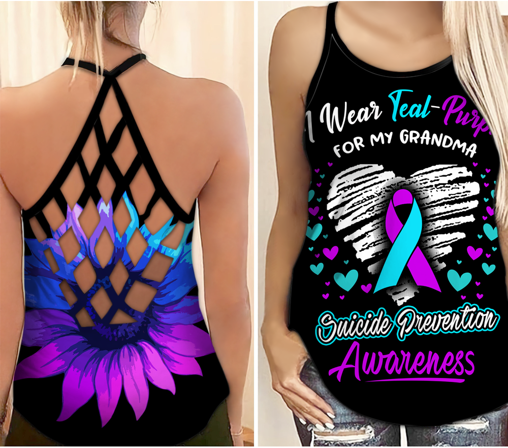 Suicide Awareness Criss Cross Tank Top Summer:  I Wear Teal Purple For My GRANDMA