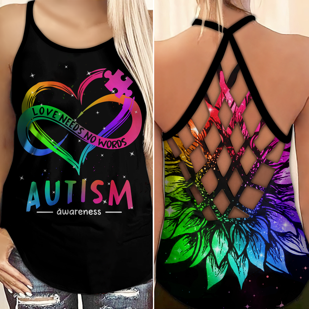 Autism Awareness Criss Cross Tank Top : Love Needs No Words Heart