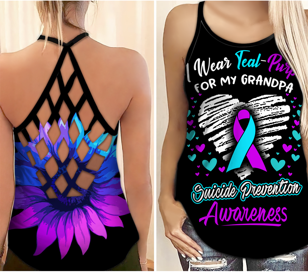 Suicide Awareness Criss Cross Tank Top Summer:  I Wear Teal Purple For My Grandpa