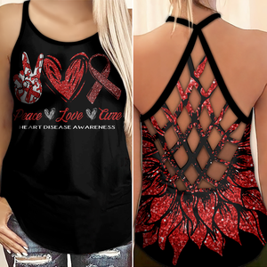 Heart Disease Awareness Criss Cross Tank Top Summer:  Peace Love Cure