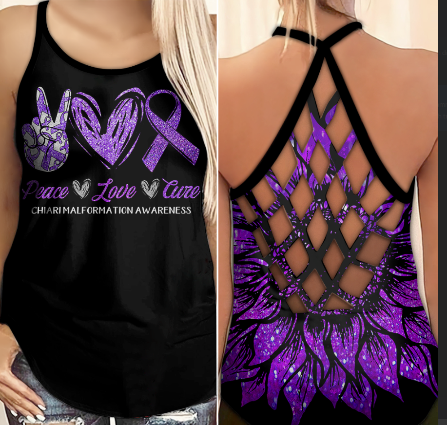 Chiari Awareness Criss Cross Tank Top Summer:  Peace Love Cure